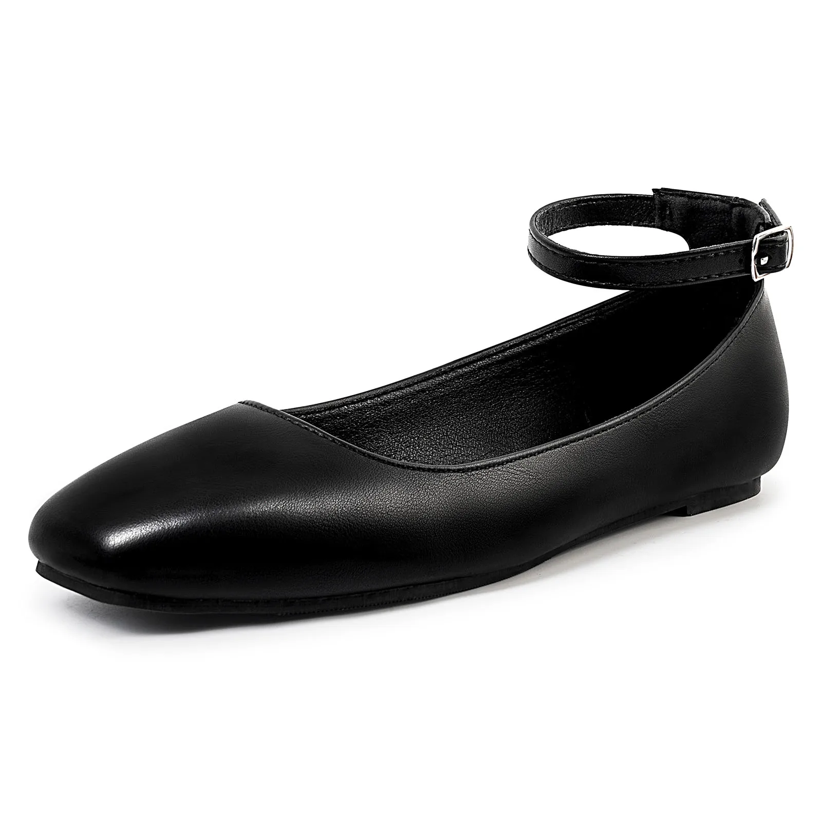 

Women's Black Leather Square Toe Ankle Strap Flats - Adjustable Buckle and Non-Slip Sole