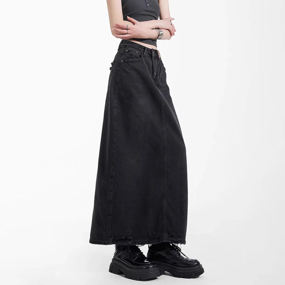 2025 Women Y2K Vintage Denim Maxi Skirt High Waist A-Line Frayed Hem Loose Long Jean Skirt  Streetwear Cowboy Long Skirt Women