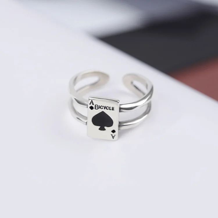 Fashion Designer Black Spade Decorative Real 925 Sterling Silver Resizable Luxury Classic Women Ring