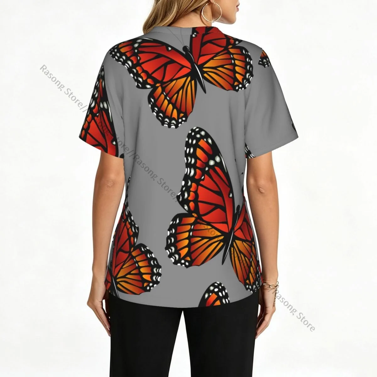 Women Scrubs Blouse Medical Nurse V-neck Clinical Scrubs Top Bright Monarch Butterfly Operating Room Work T-shirt