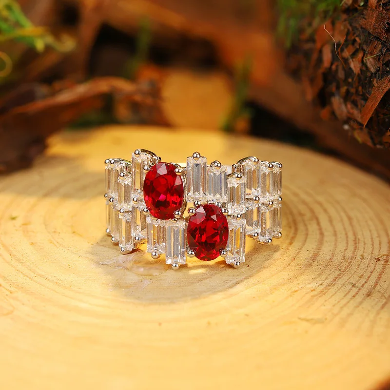 Oval Cut Center 4ct Corundum & Lab Ruby Ring 925 Sterling Silver Side White Gemstones Luxury Engagement Wedding Jewelry