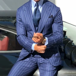 Terno Masculino Azul real listrado ternos dos homens ajuste fino casamento noivo smoking pico lapela blazer negócio 3 peça conjunto traje homme jaqueta colete calça Conjuntos Masculino