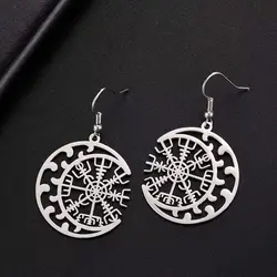 Dawapara Norse Compass Vegvisir Dangle Earrings Crescent Moon Protection Scandinavian Amulet Stainless Steel Jewelry