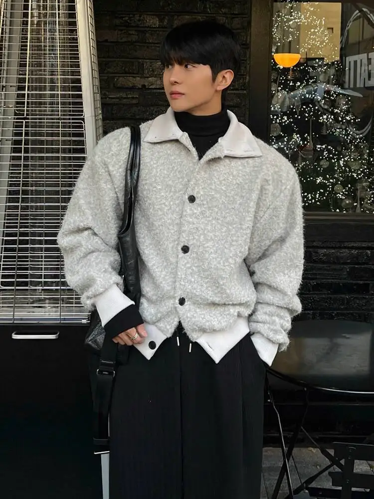 

SYUHGFA 2025 Winter Korean Style Men's Casual Mohair Coats Turn Down Collar Solid Color Simple Clothing Loose Male Jackets