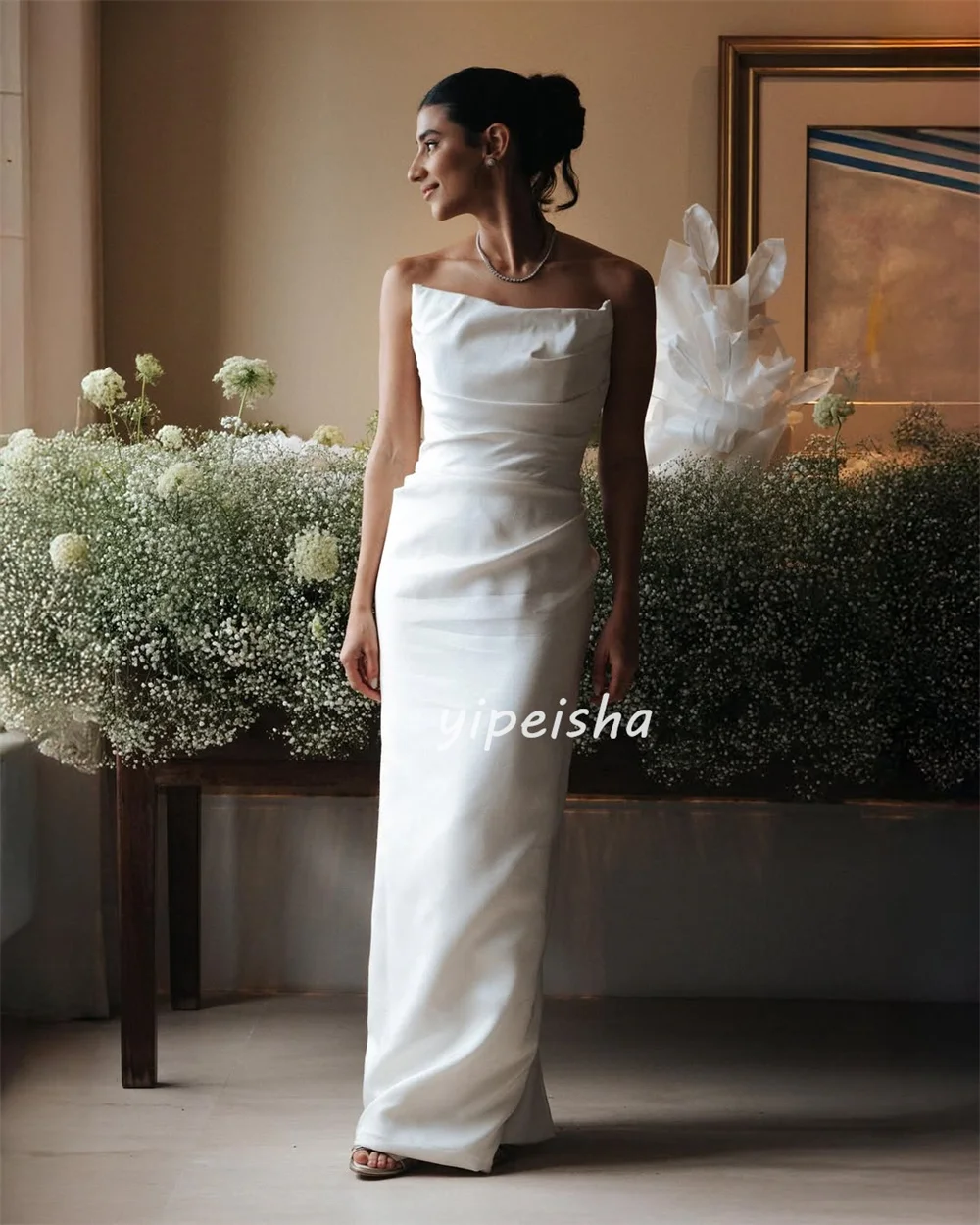 Customized Elegant Simple Button Pleat Straight Strapless Long Dresses Bespoke Occasion Dresses Sizes Available Modern Style