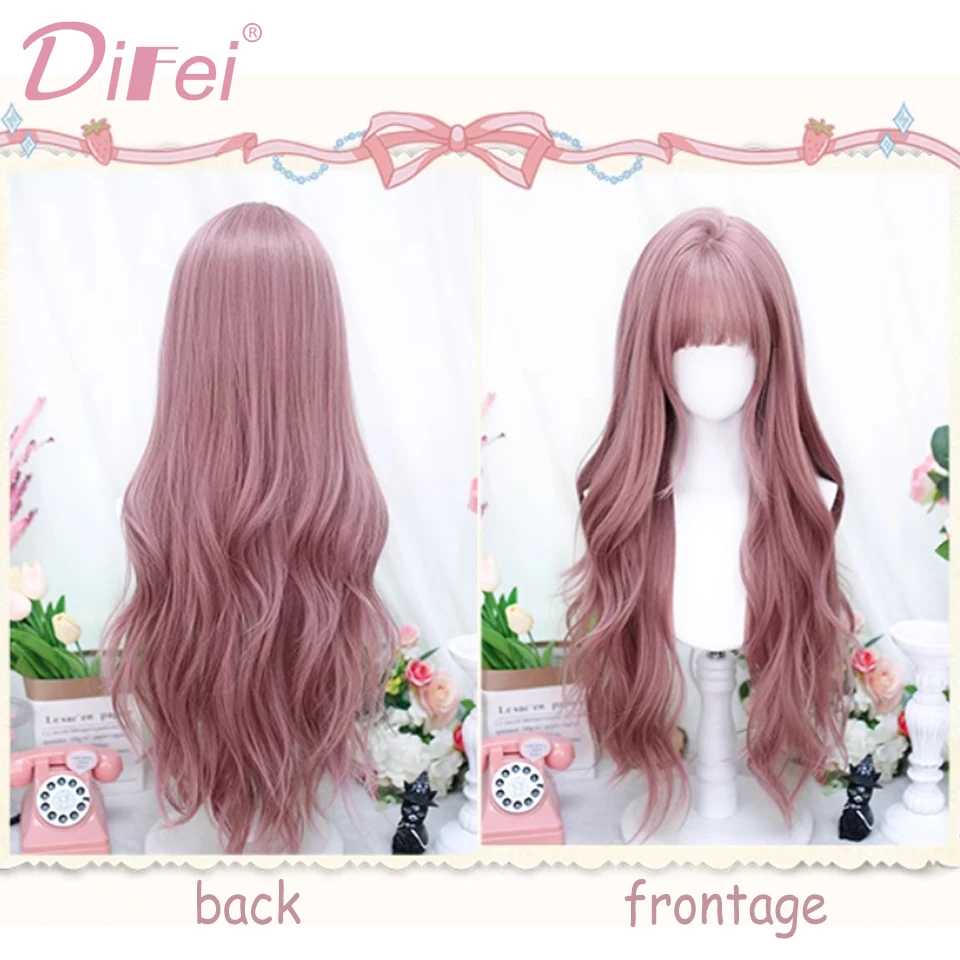 Wig sintetik DIFEI rambut keriting panjang perempuan Lolita kedua kepala penuh abu merah muda kepala penuh rambut keriting panjang