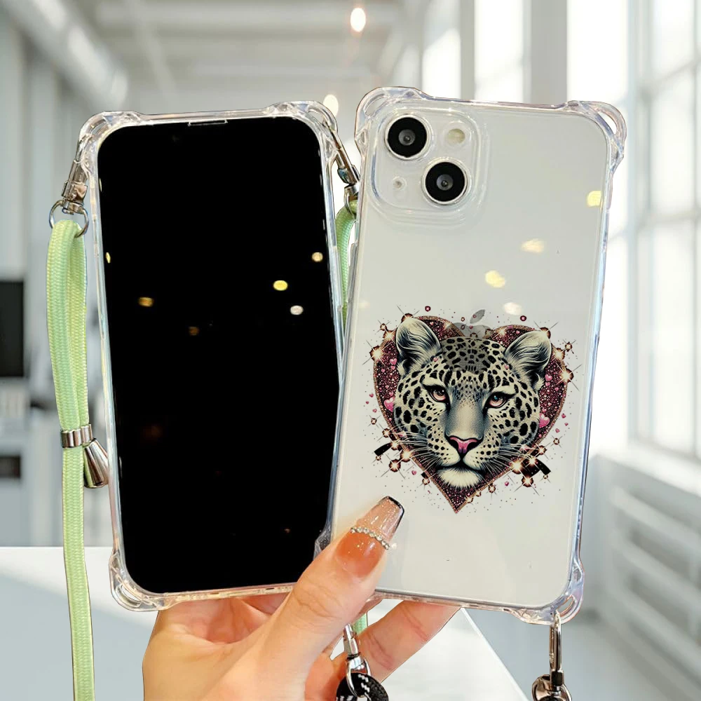 Beautiful leopard print Collection Suitable for iPhone 15 Case Portable Four Corner Drop Protection Equip with hanging rope C#