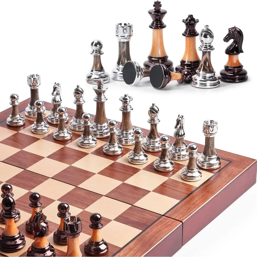 

Chess Set Large 16''/42cm Folding Wooden Board with Deluxe Weighted Acrylic Chess Pieces - 3.5" King with Storage Slots