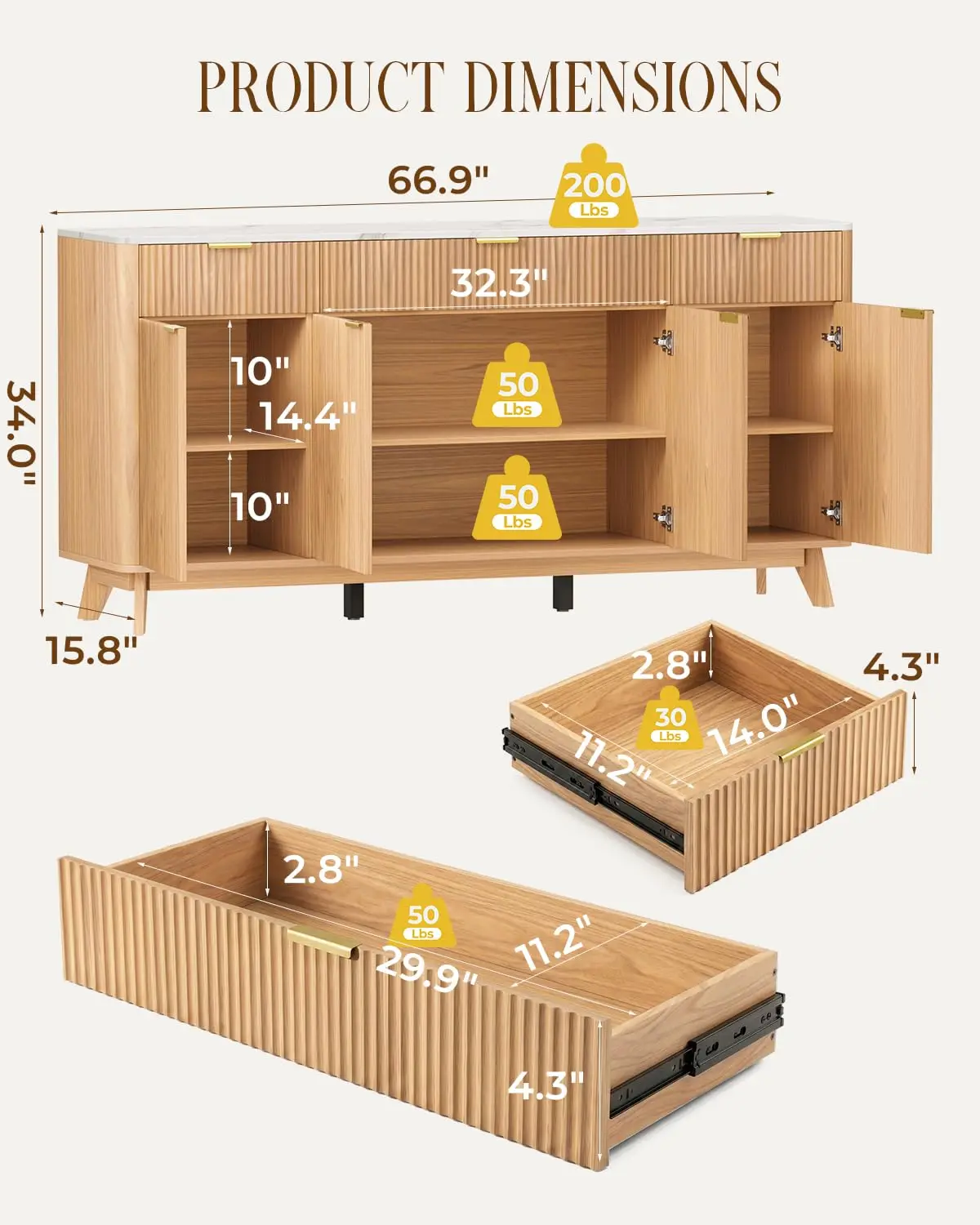 Fluted Sideboard Buffet Cabinet with Storage, 67