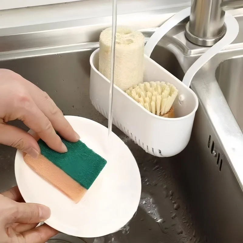 1pc Hanging Sink Storage Basket Plastic Kitchen Sink Hanging Organizer Drainage Basket for Sponge Brush Rag Bathroom Gadget