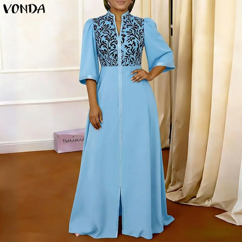 VONDA Elegante Sommer-Herbst-Damenkleider in Übergröße mit Print, 3/4-Ärmeln, Lange Maxikleider, OL-Party-Kleider, Dünne Kleider, Vestidos, Streetwear