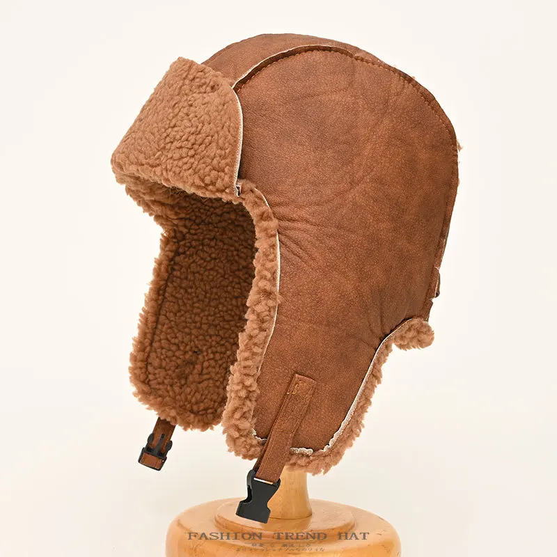 

winter hats for men women plush lining faux leather bomber hats with ear flaps Aviator Trapper Hat