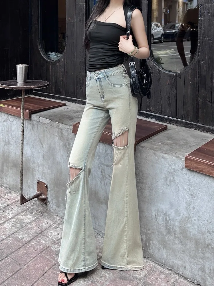 Light Blue Ripped Chain High Waist Flare Jeans for Women Summer Thin 2025 New Slim Floor Length Pants