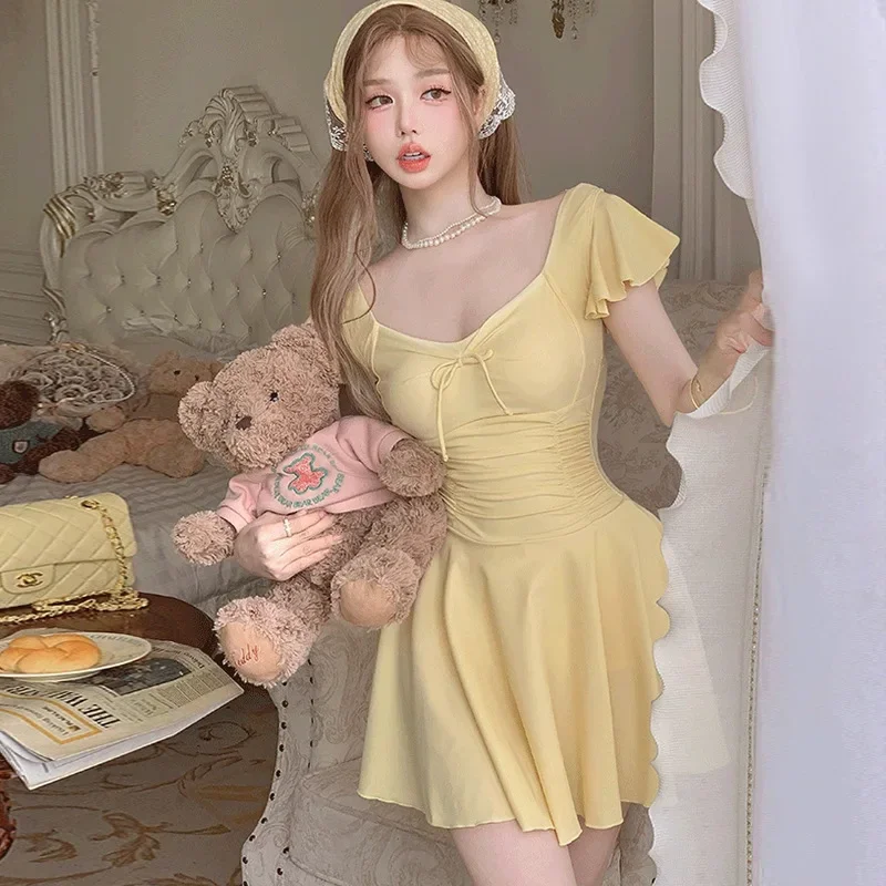 

Women's One-piece Solid Color Sweet Skirt Style Slimming and Slimming, Covering Flesh and Stomach, Hot Spring Swimsuit