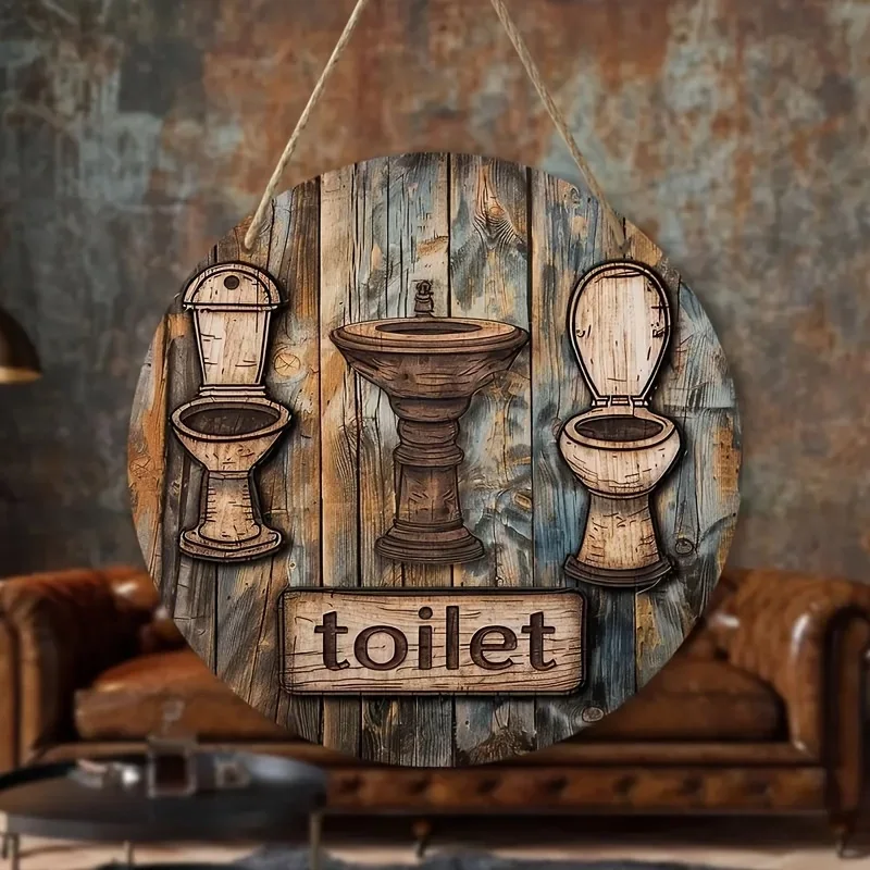 2D One Piece Wooden Disc Toilet with Sink Theme 8 Inch Indoor and Outdoor Decorative Home Garage Cafe Wall Art
