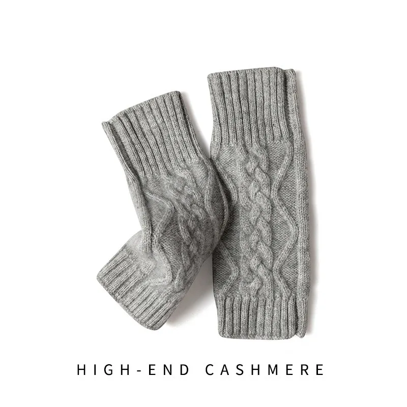 100% Real Cashmere Autumn Winter Thick Cable Gloves Mitten Fingerless Warm Wrist Length Thumb Hole Mitts Classic Female Elegant