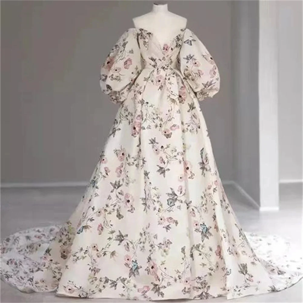 Sansa White Floral Print Prom Dress Customized Wedding Dresses Elegant Puffy Sleeves Side Split Long Train Vestidos De Fiesta