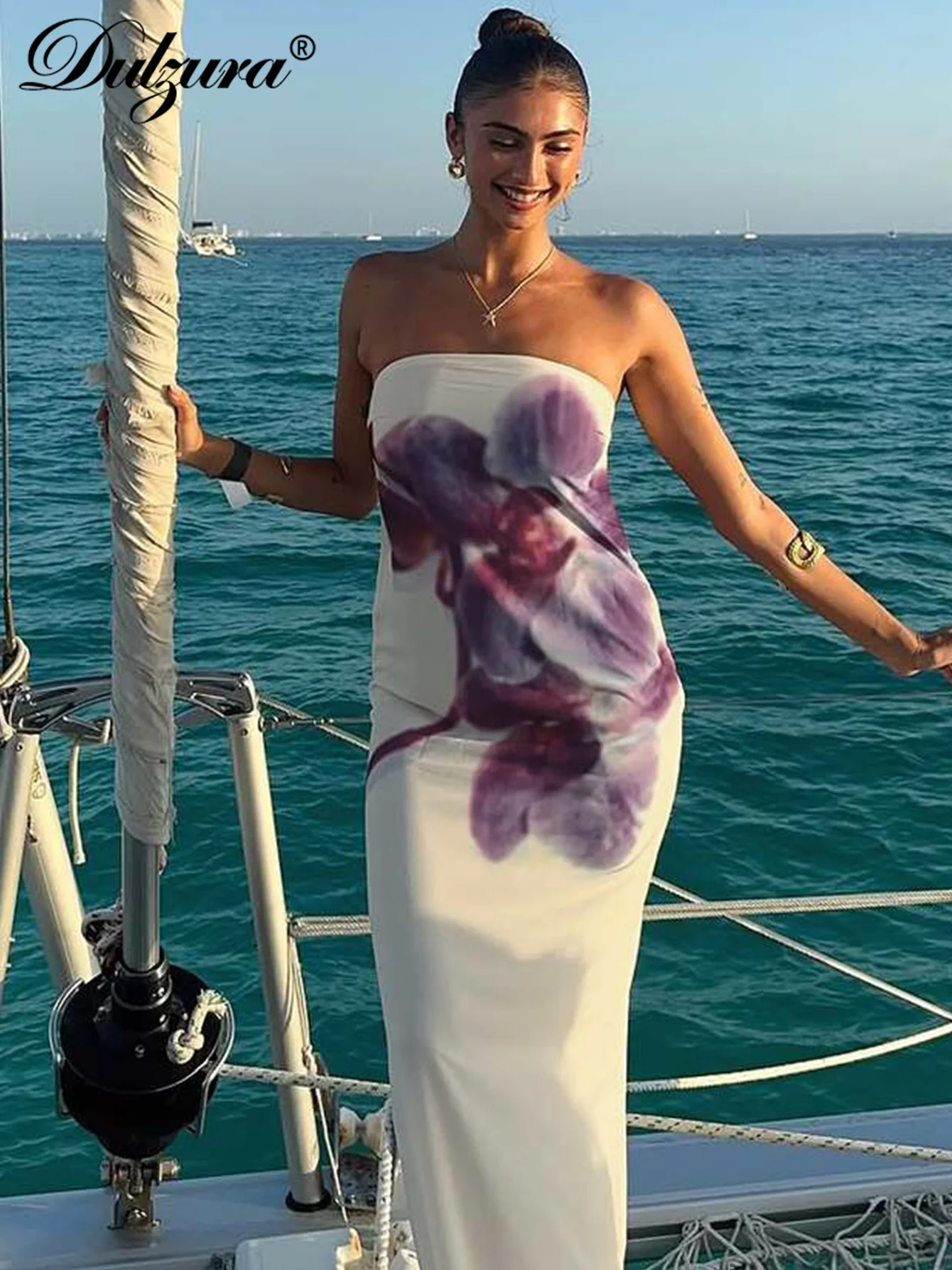 Dulzura Summer Fashion Chest Wrapping Backless Slim Fit Mesh Print Long Dress Ladies Sexy Elegant Evening Party Club Prom Outfit