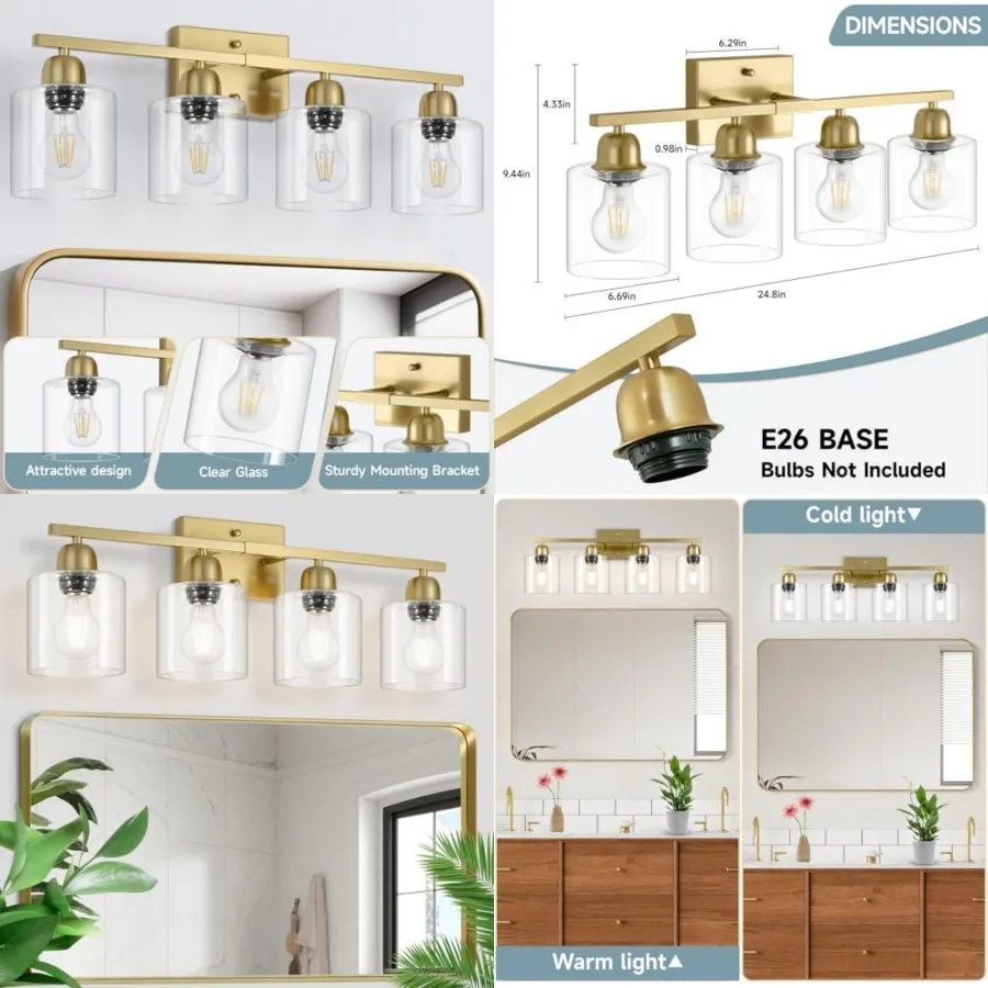 

Modern Brushed 4 Light Bathroom Light Fixtures, 24 inch Vanity Lights for Bathroom with Clear Glass, Bathroom Vanity Light for