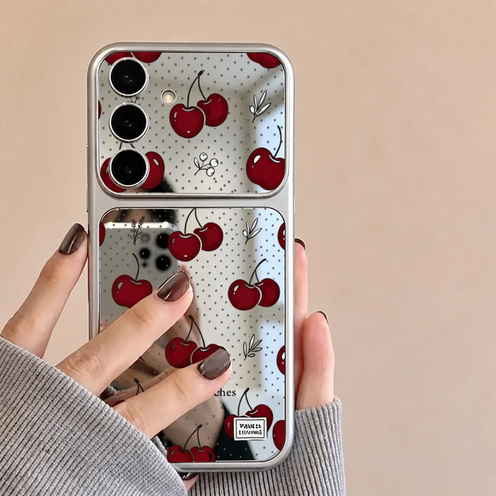 Cute Cherry Phone Case For Samsung S26 S25 S24 S23 Ultra FE A16 A57 5g A56 A37 A07 A17 A55 A54 A26 A36 Large Window Mirror Cover