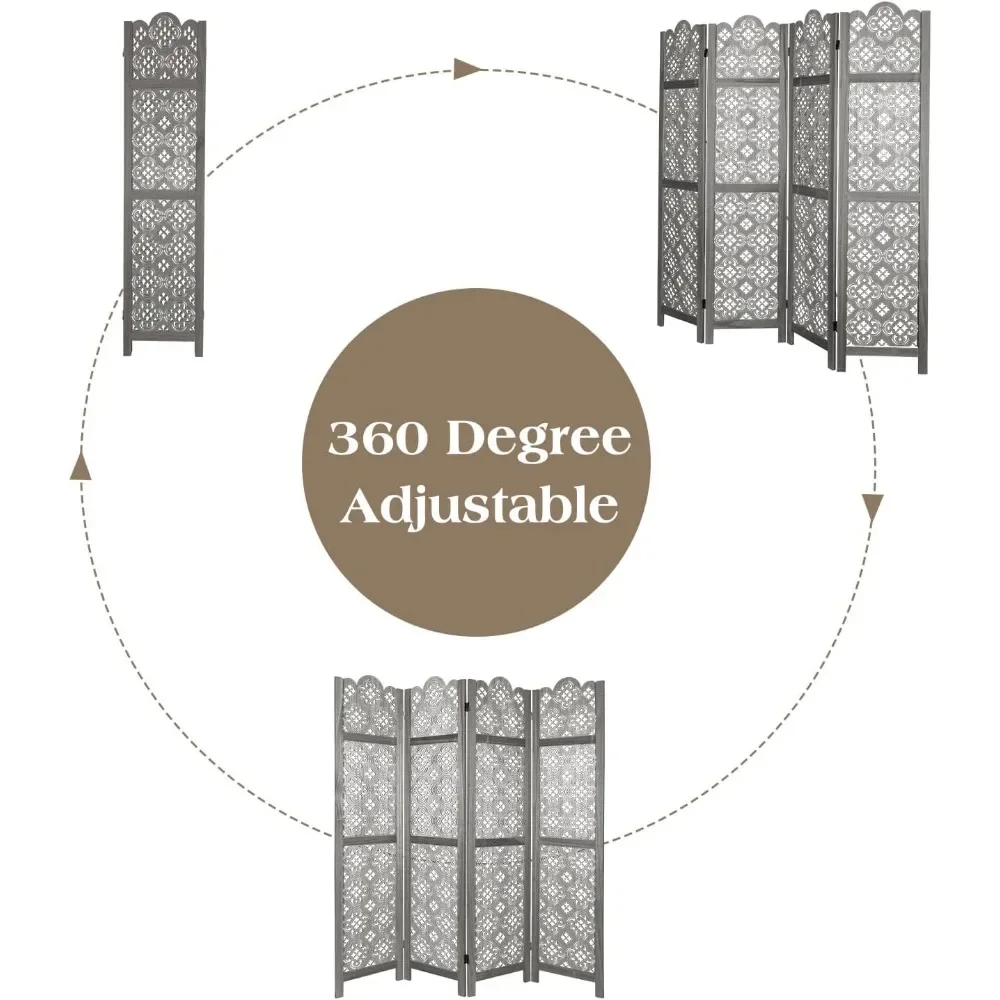 4 Panel Room Divider, Portable Wall Dividers, Room Dividers and Folding Privacy Screens, Wood Cutout Engraving Room Divider