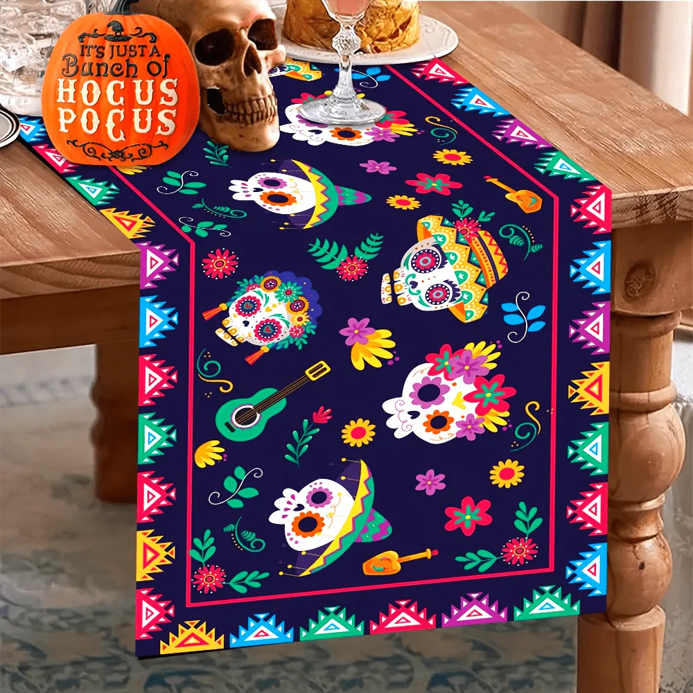 1pc Day Of The Dead Skull Table Cover, Measuring 70.87inch By 13.78inch, Featuring A Vibrant Mexican Design With Flowers And Ske