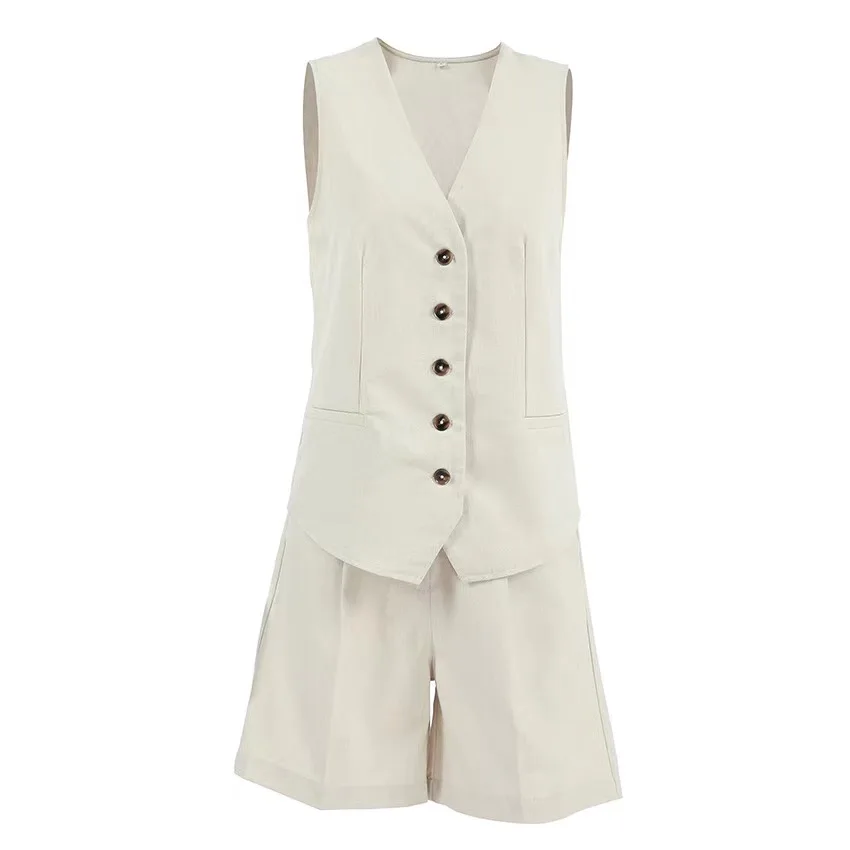 HYRAX 2024 NEW Women Elegant Solid Waistcoat Pant Sets Single Breasted V Neck Vest Top With High Waist Shorts Set Female