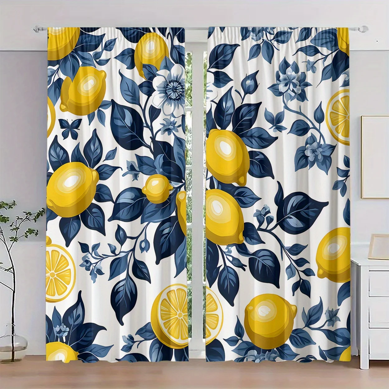 Yellow Lemon Floral Pattern Curtains Botanical Leaf Design for Living Room Window Treatment Home Decor Kitchen Spring Shower Cur