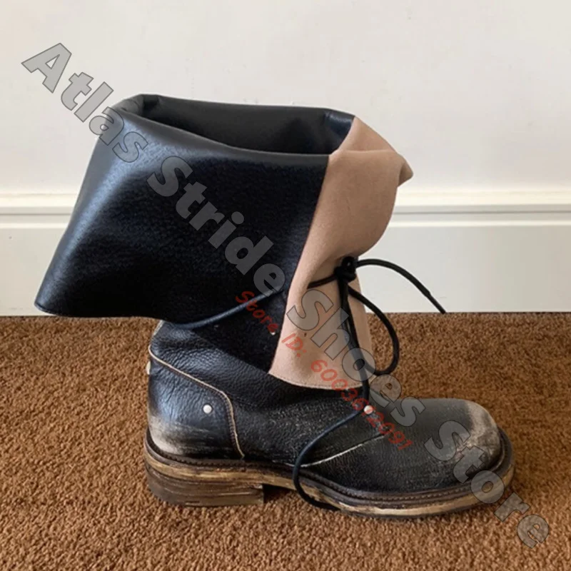 Black Distressed Fold Over Mid Calf Boots Round Toe Lace Up Raw Lining Inside Low Block Heel Thick Platform Sole Avant Boots