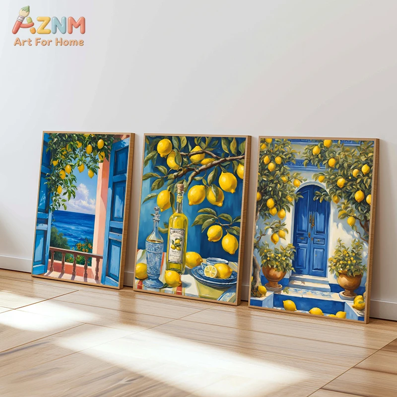 AZNM Mediterranean Lemon Tree Canvas Wall Art, Set of 3 Blue Door Citrus Fruit Print, Unframed Coastal Italian Style Wall Decor