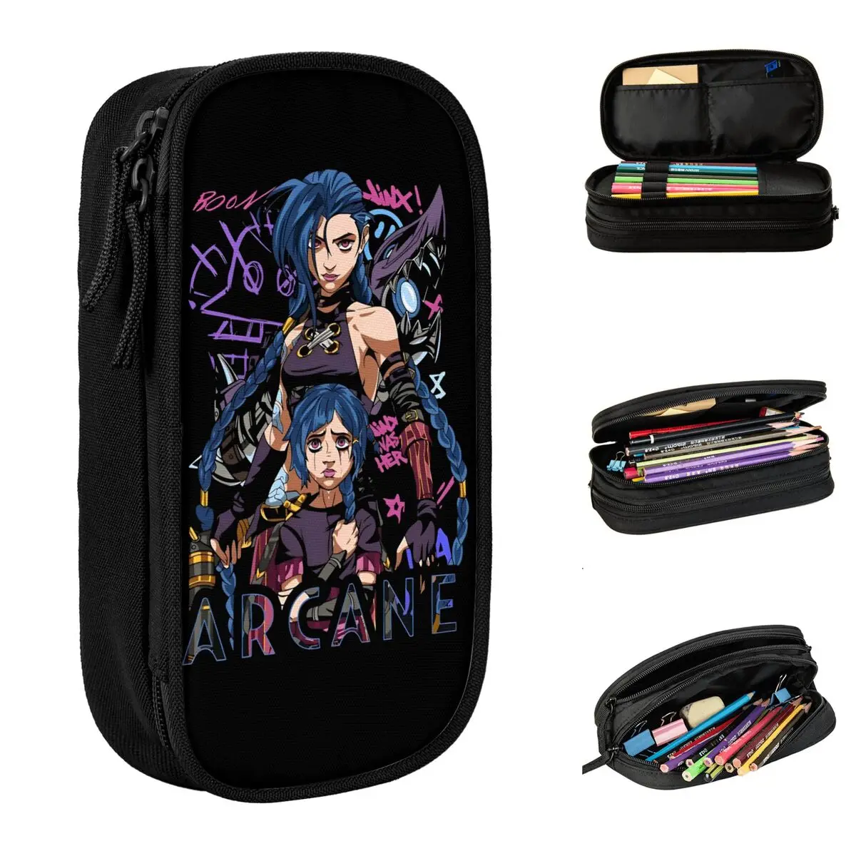 Jinx Arcane Pencil Case Classic League Battle Game Legends Pen Bag Girl Boy Big Capacity School Supplies Gift Pencil Pouch