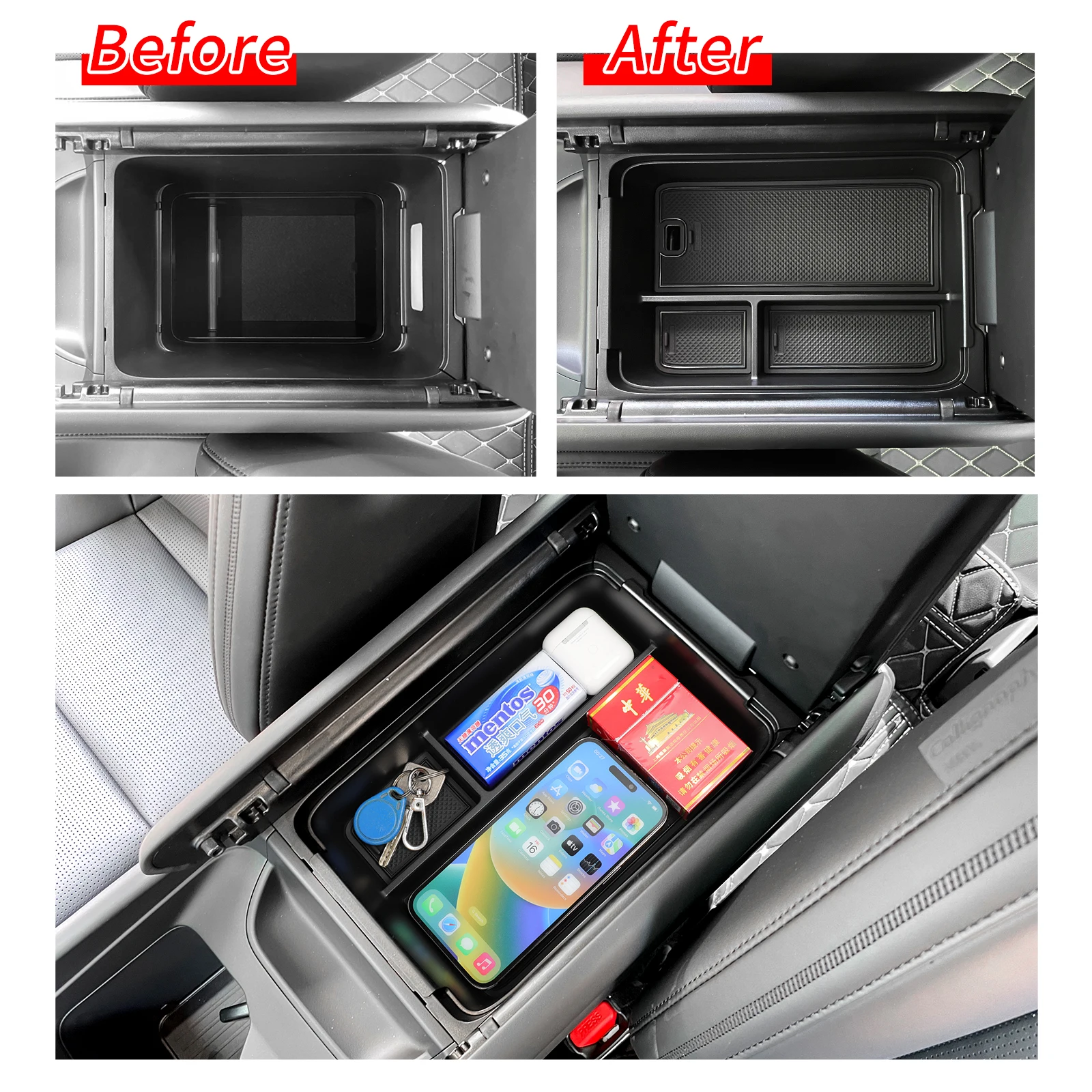 Smabee for Hyundai Santa Fe 2024 2025 2026 Storage Box Cup Holder Anti Dirt Pad Car Interior Accessories Organizer Tidying Black
