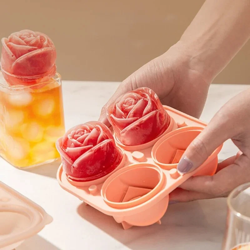 2PCS 3D Large Ice Cube Tray, 2.5-inch Rose Ice Mold, 4 Giant Cute Flower Shaped Ice Silicone Molds Suitable for Cocktail Juice