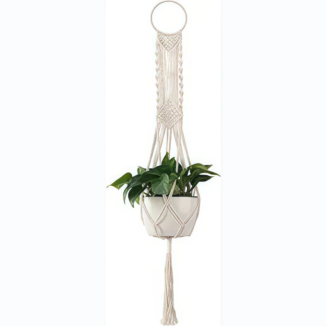 Macrame Plant Hanger Indoor Outdoor Hanging Planter Basket | Hanging Plant Holders, Decorative Macrame Hangers, 4 Legs 43.3 Inch, Cream Color, Boho Decor