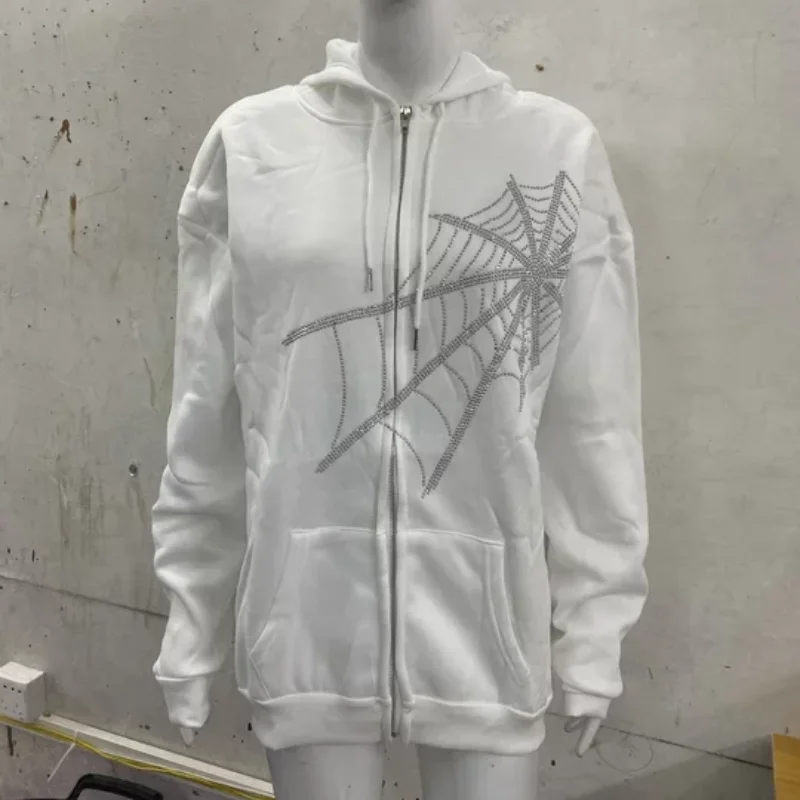 معطف العنكبوت الساخن ختم طباعة الخريف الشتاء بأكمام طويلة سستة البلوز مقنعين المرأة الأوروبية الأمريكية فضفاض عارضة أعلى #4