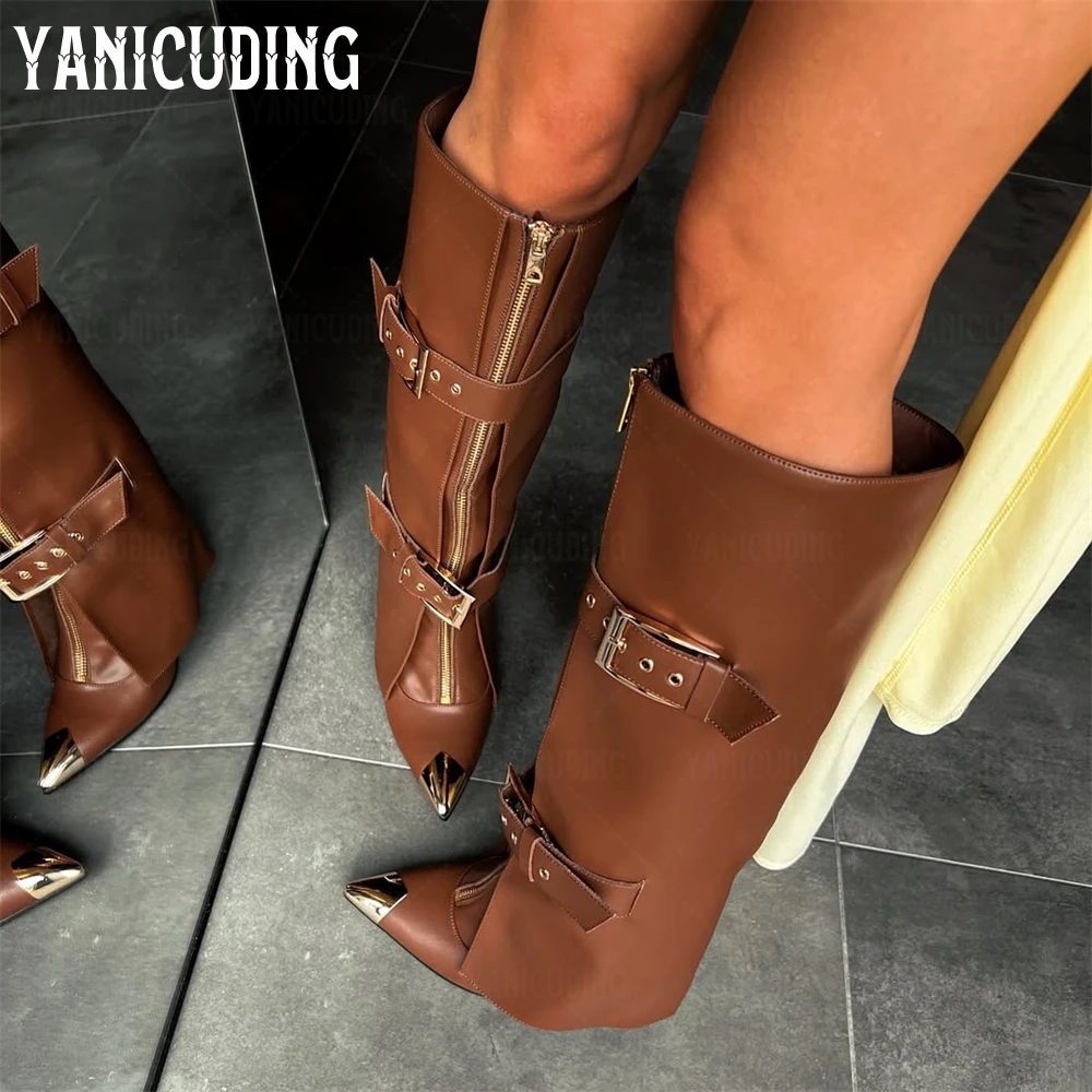 

Metallic Gold Belt Buckle Knee Boots Sexy Stiletto Pointed Toe Trouser Boots Front Full Length Zipper Metal Toe Boots for Women