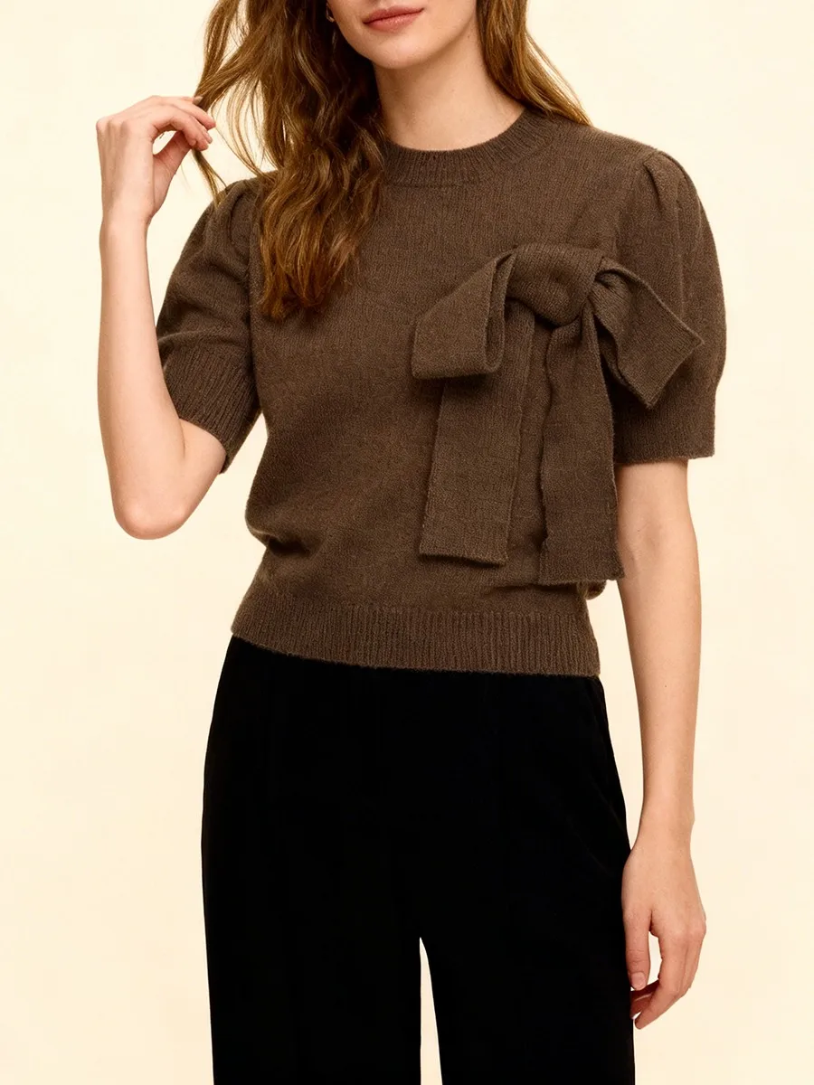 TWOTWINSTYLE Vintage Elegante Pullover für Frauen Halb Hohen Kragen Kurzarm Patchwork Bowknot Abnehmen Kurze Strickwaren Weibliche