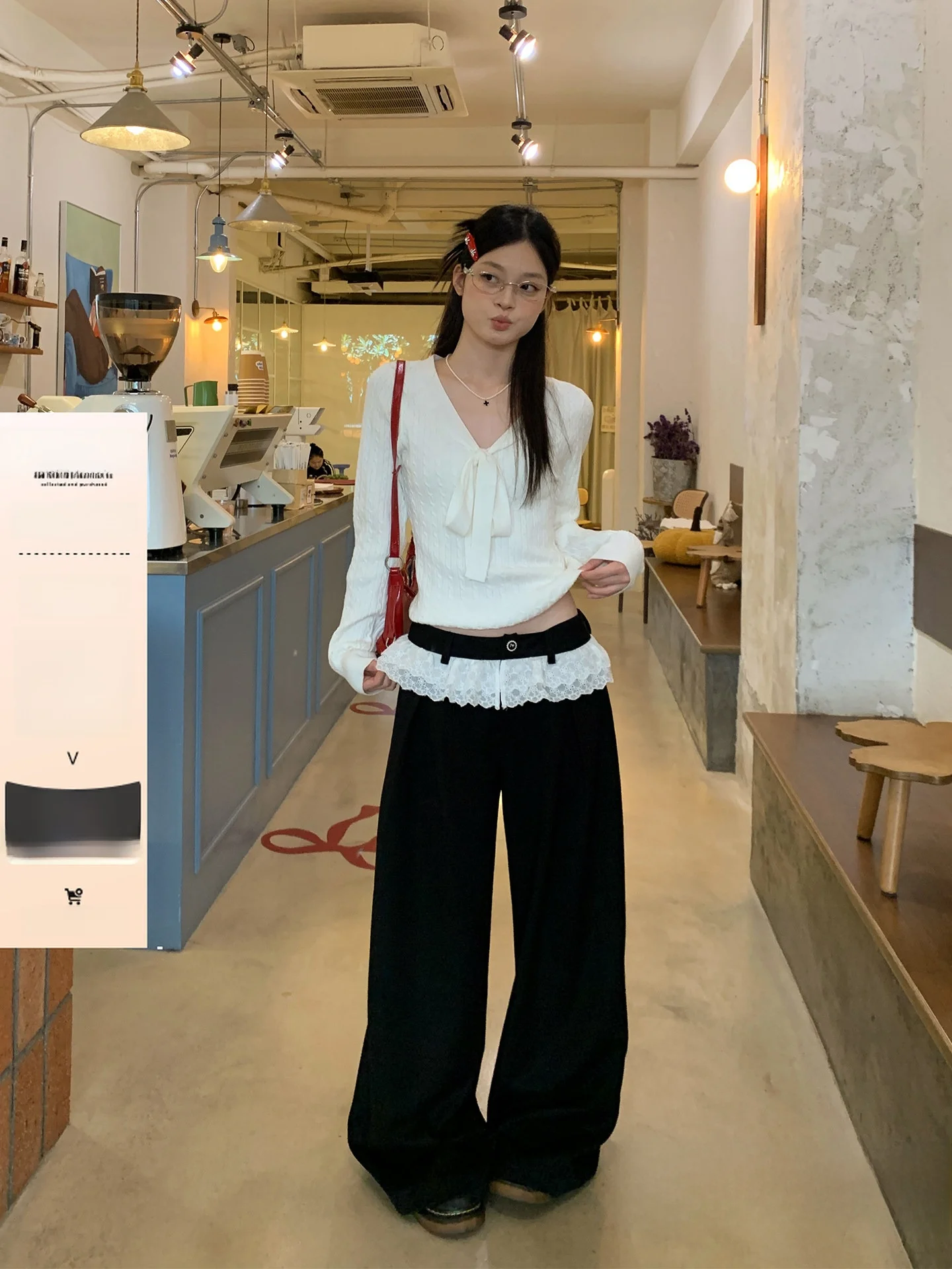 

Black Lace Trim Straight Leg Casual Pants Women's Summer Small Size Loose Versatile High Waist Wide Leg Pants Commute Style