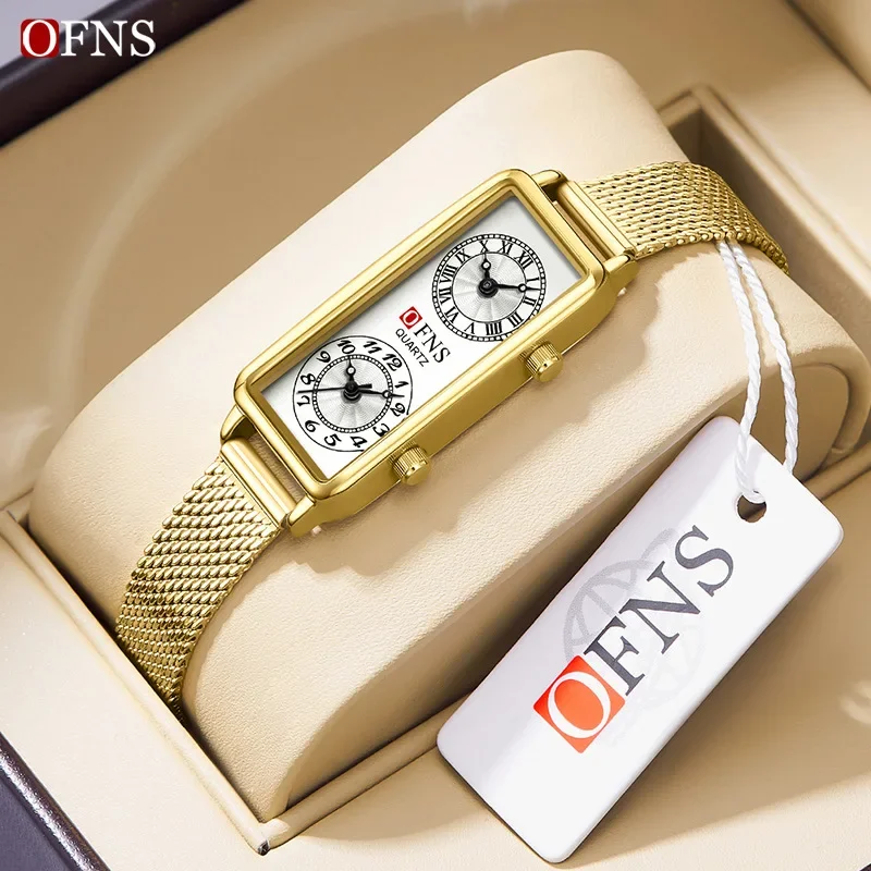 Women Quartz Watch Luxury Dual Time 2 Movement Dial Clock Stainless Steel Reloj Rectangle Hours Ladies Gold Sliver Wristwatch