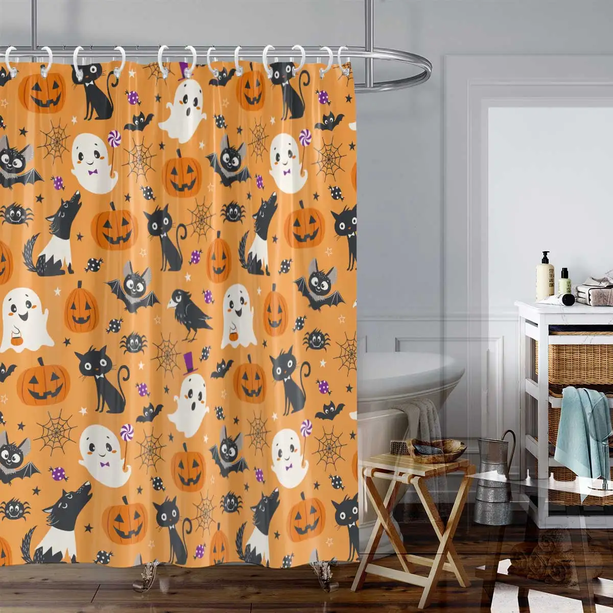 1pc Cartoon Halloween Theme Print Shower Curtain, with 12 Hooks, Machine Washable, for Shower Partition and Privacy Protection