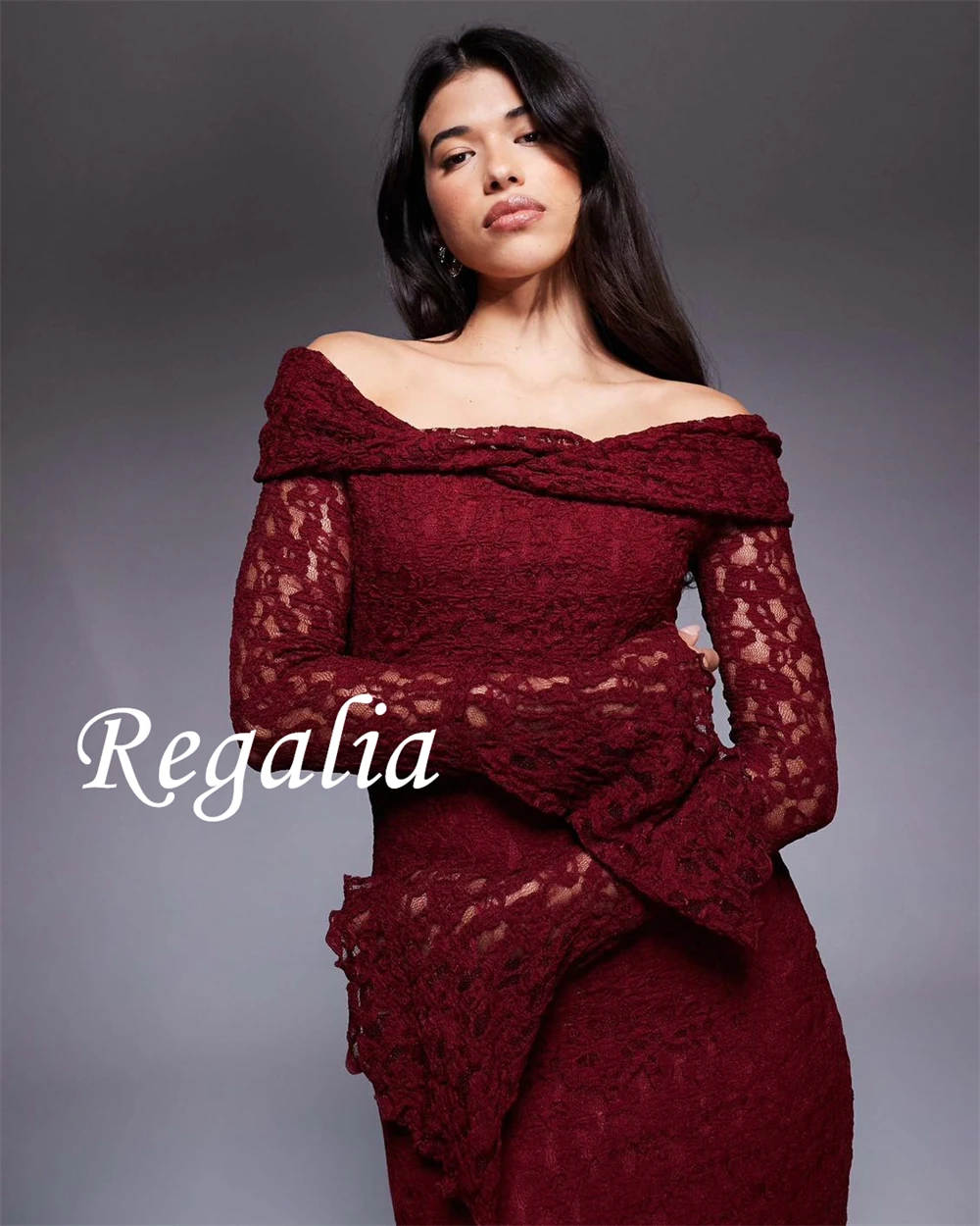 

Customized Luxury Burgundy Lace Evening Dress Modern Off the Shoulder Long Sleeves Homecoming Dresses Temperament Prom Dress