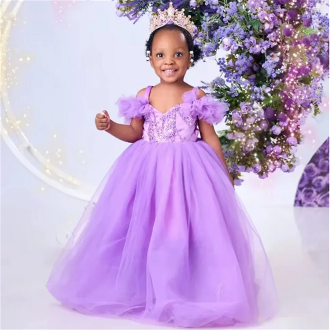 

Customized Tulle Floral Applique Sleeveless Pink Flower Girl Dress For Wedding Birthday Party Banquet Holy Communion Gown