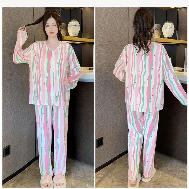 5XL Pigiama primaverile con stampa di grandi dimensioni Donna Coreano Nuvola Cotone Sleepwearl Maniche lunghe Pettorina Cardigan Pantaloni Abbigliamento esterno