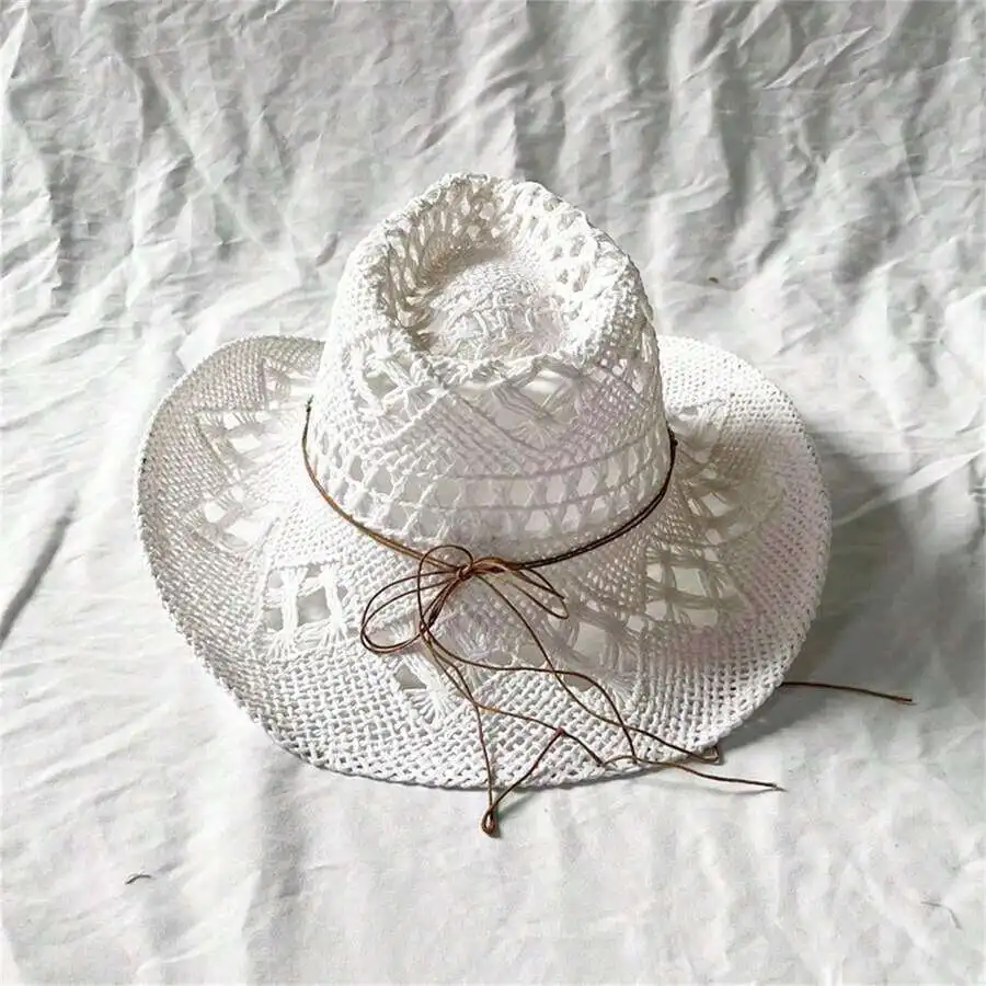 

White Crochet Wide Brim Sun Hat With Bow Tie For Women