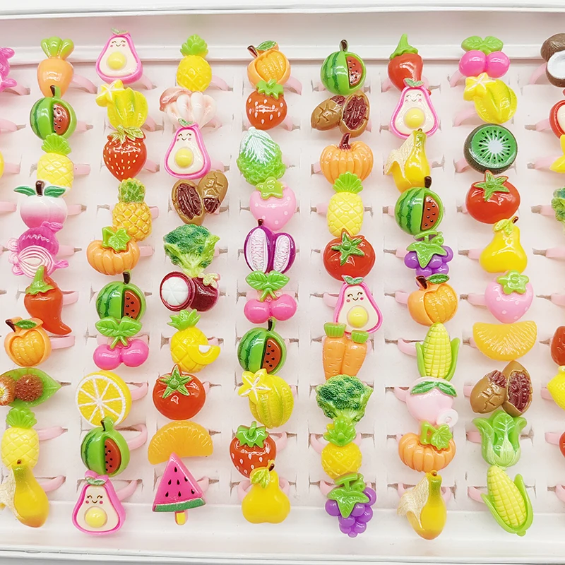 100pcs/Lot Factory Wholesale Open Adjust Child Finger Rings for Party Cosplay Show Resin Jewelry Cute Girls Animal Foods Fruits