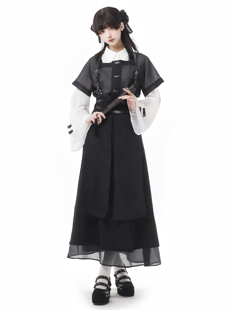 New Chinese Style Waist Slimming Black and White Suit Chivalrous Female Long Sleeve White Blouse Shirt and Skirt Outfits