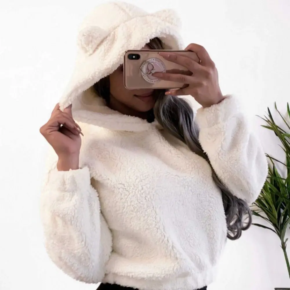 Casual Long Sleeve Bear Ear Hoodies Outwear Fuzzy Hoodies Pullover Clothes Solid Color Fleece Sweatshirt Winter view 5