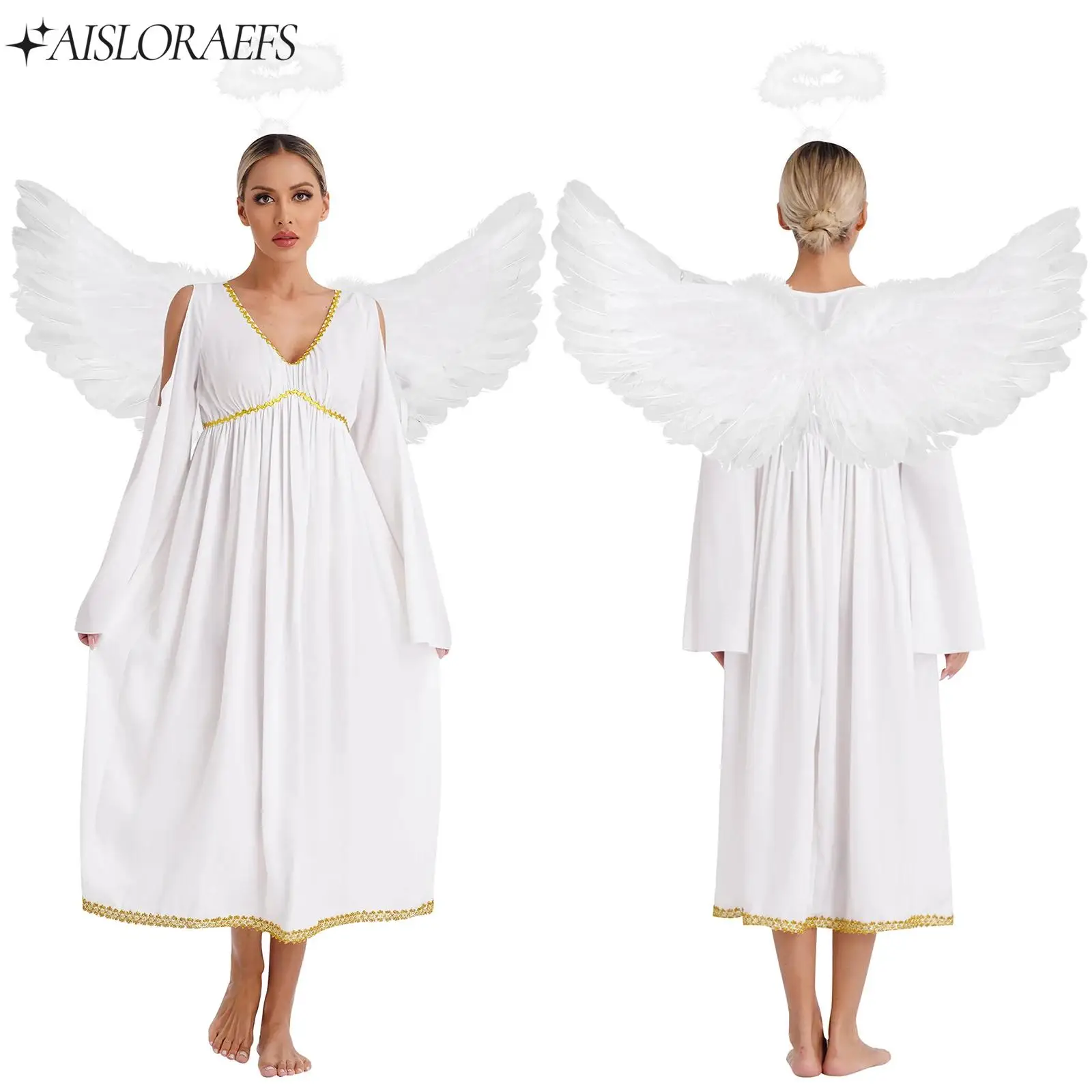 

Womens Halloween Angel Cosplay Costume Flare Sleeve Flowy Angel Dress with Headband And Feather Wings for Fancy Dress Up Party