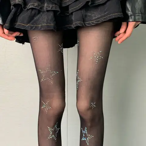 Błyszczące pończochy do uda z diamentami, rajstopy damskie, rajstopy z gwiazdkami i cyrkoniami, rajstopy Lolita Kawaii, bielizna, pończochy