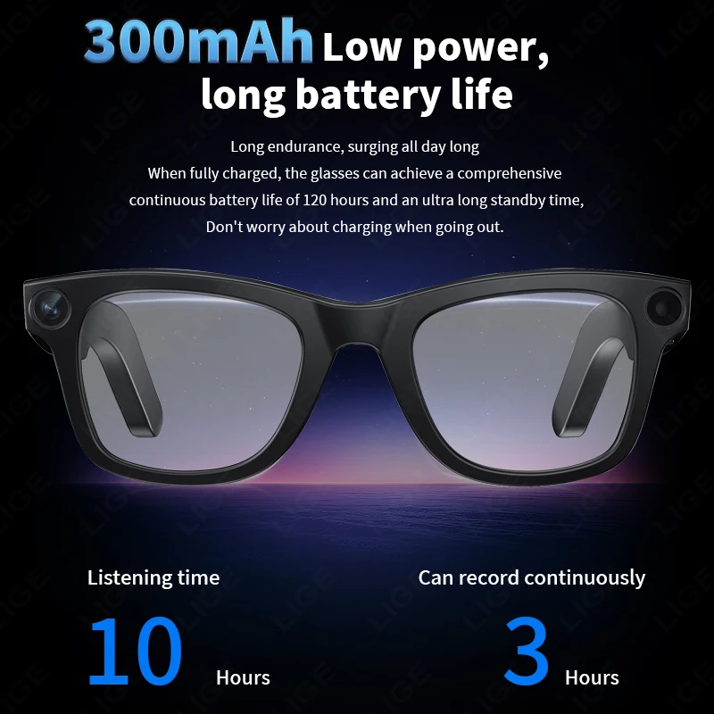 LIGE 800W 픽셀 지능형 안경 1080P HD 촬영 비디오 녹화 음성 보조 통화 AI 번역 스마트 선글라스 렌즈